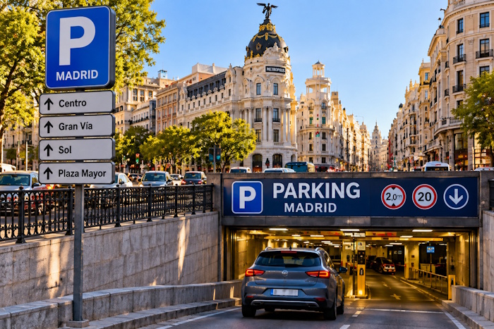 Parken in Madrid – Einfahrt zu einem Parkhaus im Zentrum von Madrid