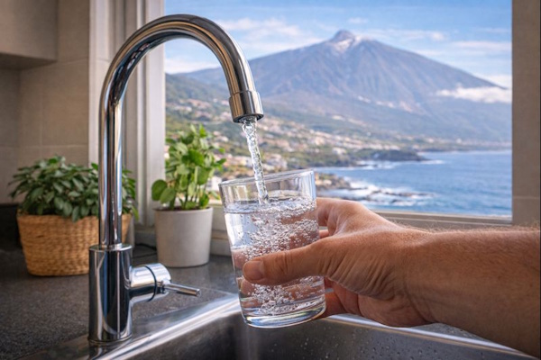 Glas mit Wasser am Wasserhahn auf Teneriffa