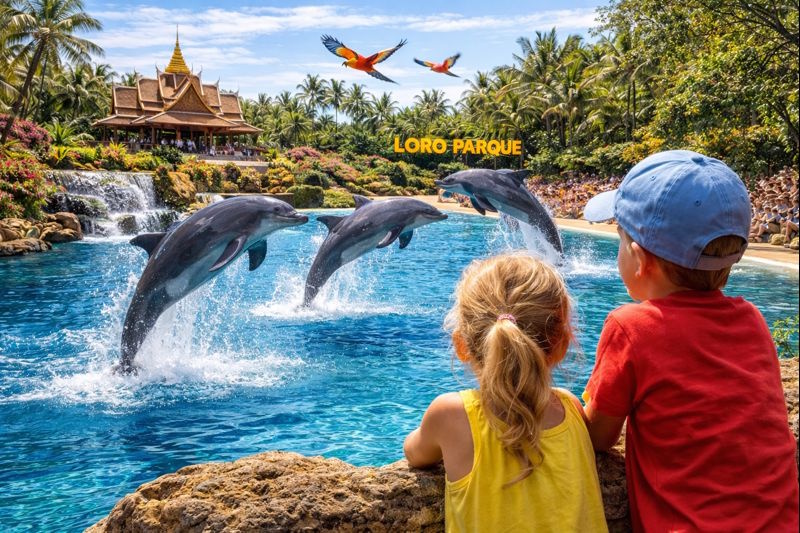 2 Kinder vor dem Becken der Orcas im Loro Parque Teneriffa